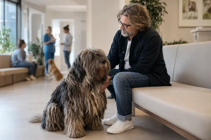 Ein Bergamasker Hund sitzt ruhig neben seinem Besitzer im hellen Wartezimmer einer modernen Tierarztpraxis.